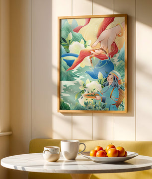 Escena ilustrativa de la cultura del té con montañas y elementos florales