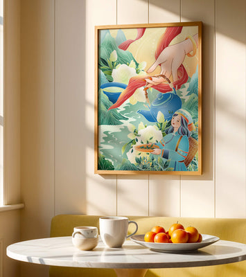 Illustrative scene of tea culture with mountains and floral elements