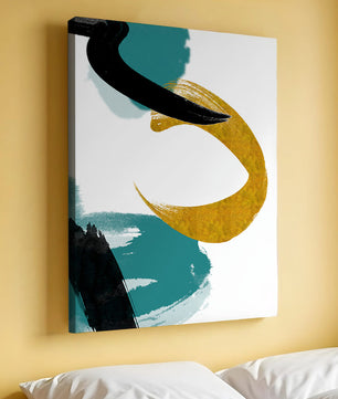 Composición minimalista abstracta con elementos dorados y turquesa