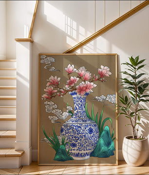 Arreglo floral elegante en un jarrón de porcelana azul y blanco con magnolias