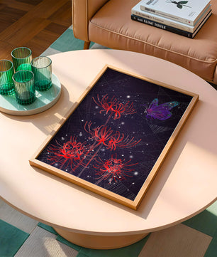 Vivid Night Sky with Red Spider Lilies and Purple Butterfly - Mi tienda
