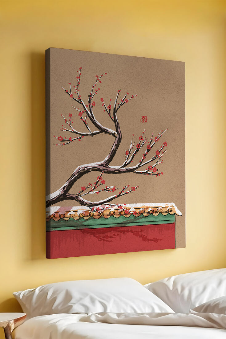 Illustration of blooming plum branch over traditional rooftop