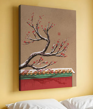 Illustration of blooming plum branch over traditional rooftop