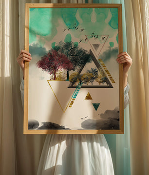 Abstract Geometric Landscape with Vibrant Trees and Birds - Mi tienda