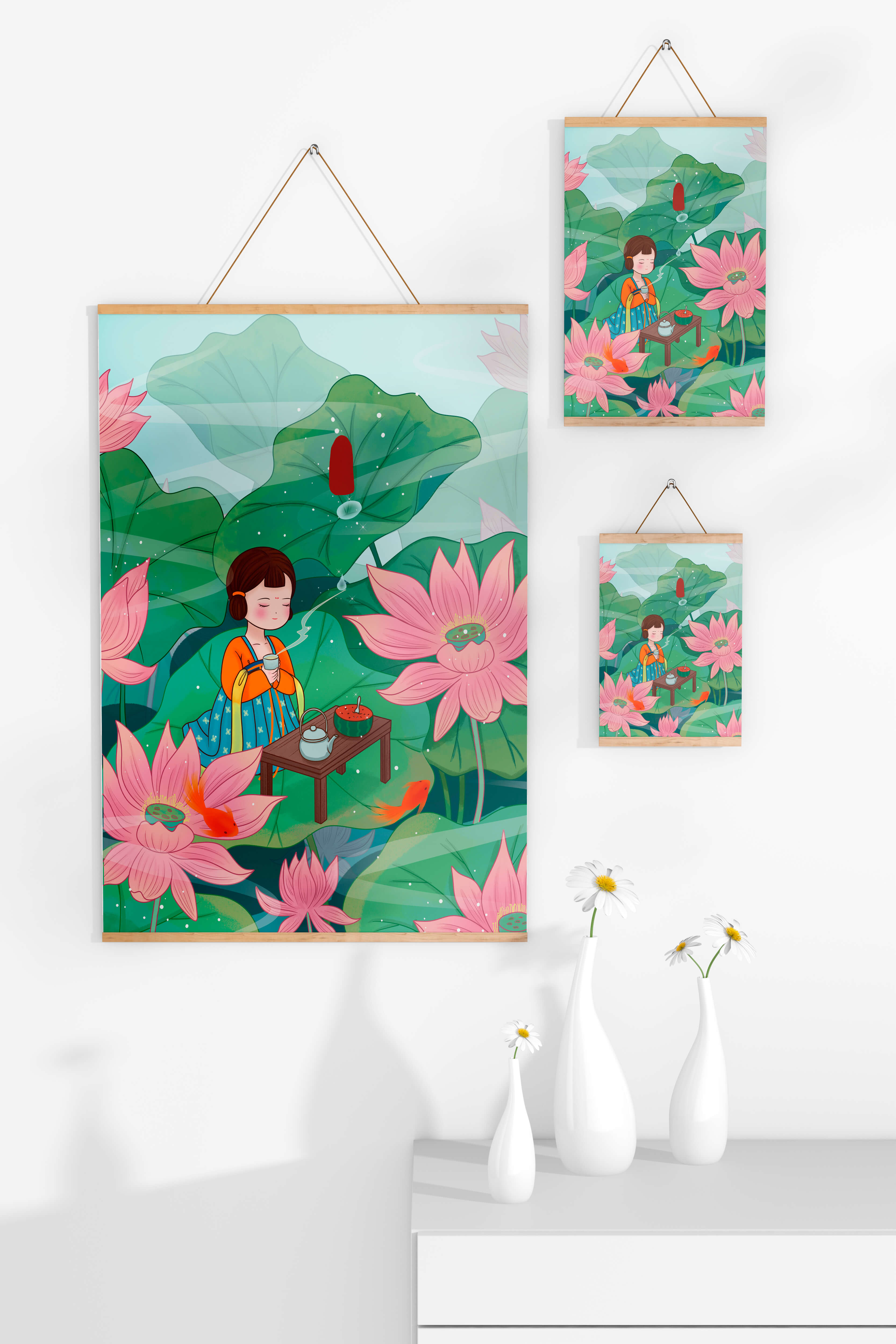 Serene illustration of a girl enjoying tea among lotus flowers