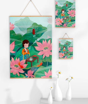 Serene illustration of a girl enjoying tea among lotus flowers