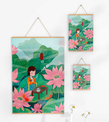 Serene illustration of a girl enjoying tea among lotus flowers