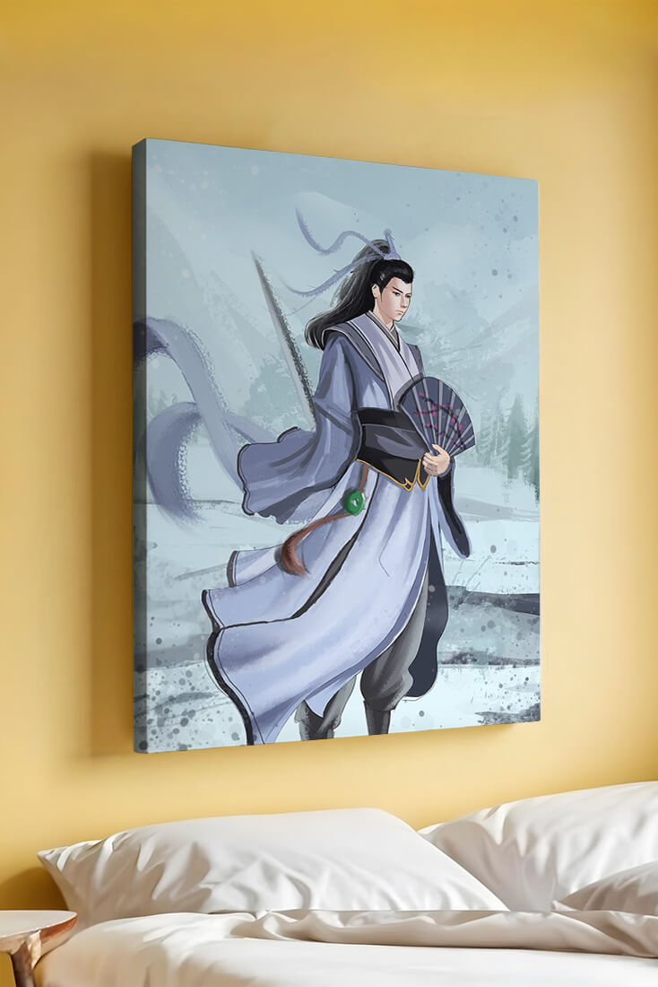 Elegant warrior in traditional attire with flowing robes and fan