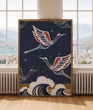 Illustrative cranes flying over ocean waves with dark background
