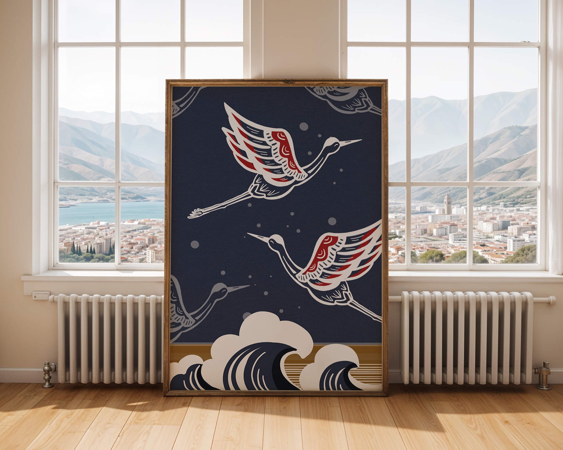 Illustrative cranes flying over ocean waves with dark background