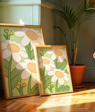 Charming illustrated daisies on a green background