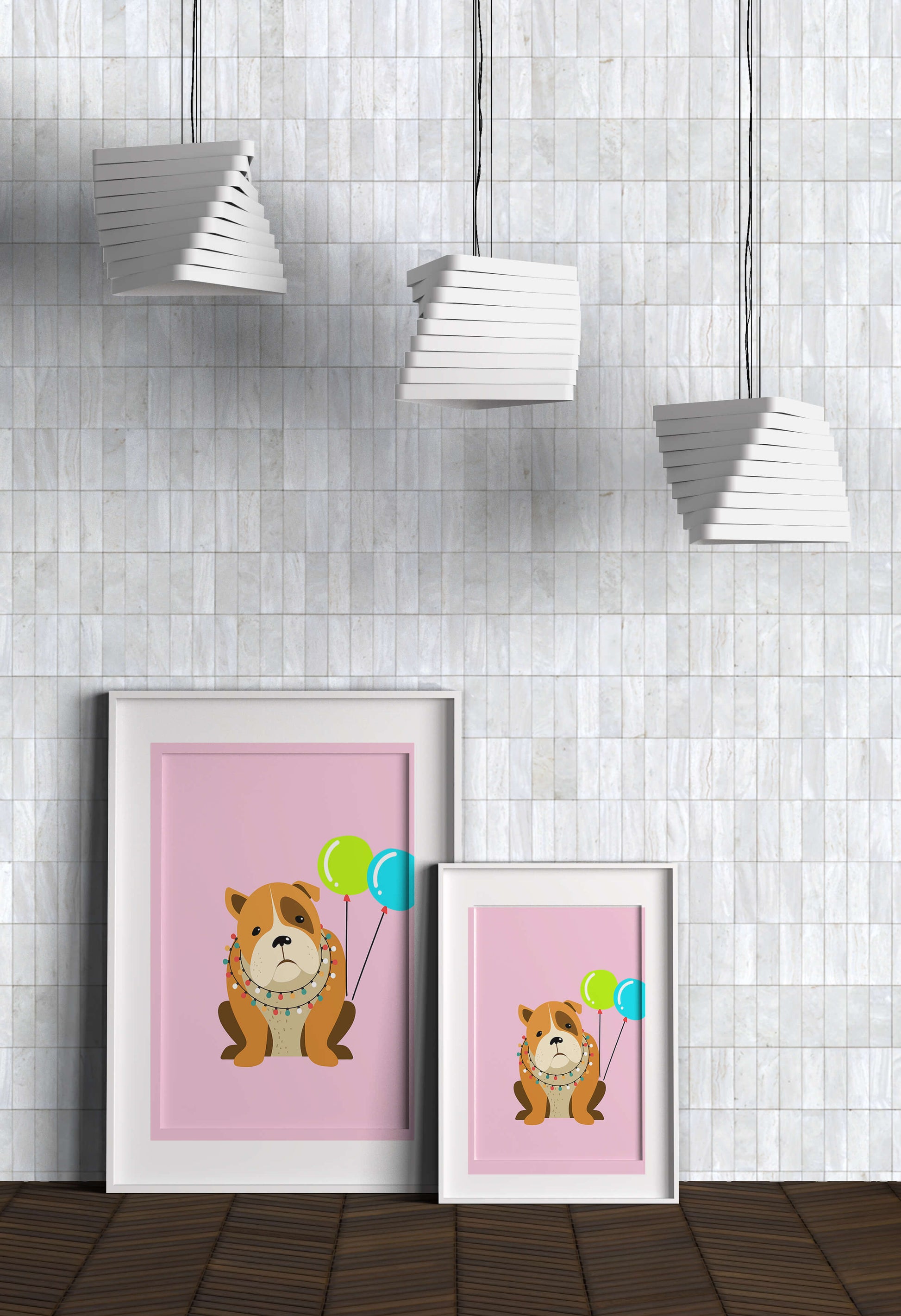 Perro de dibujos animados adorable con luces festivas y globos coloridos sobre fondo rosa