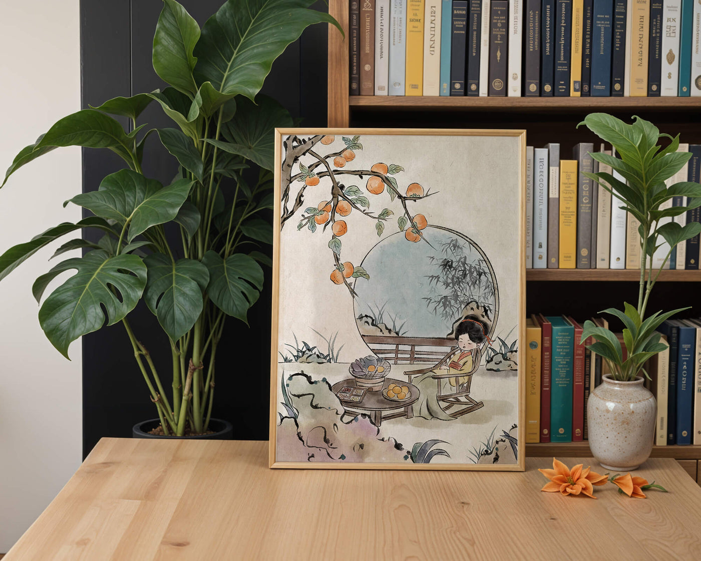 Tranquil garden scene with persimmons and serene figure