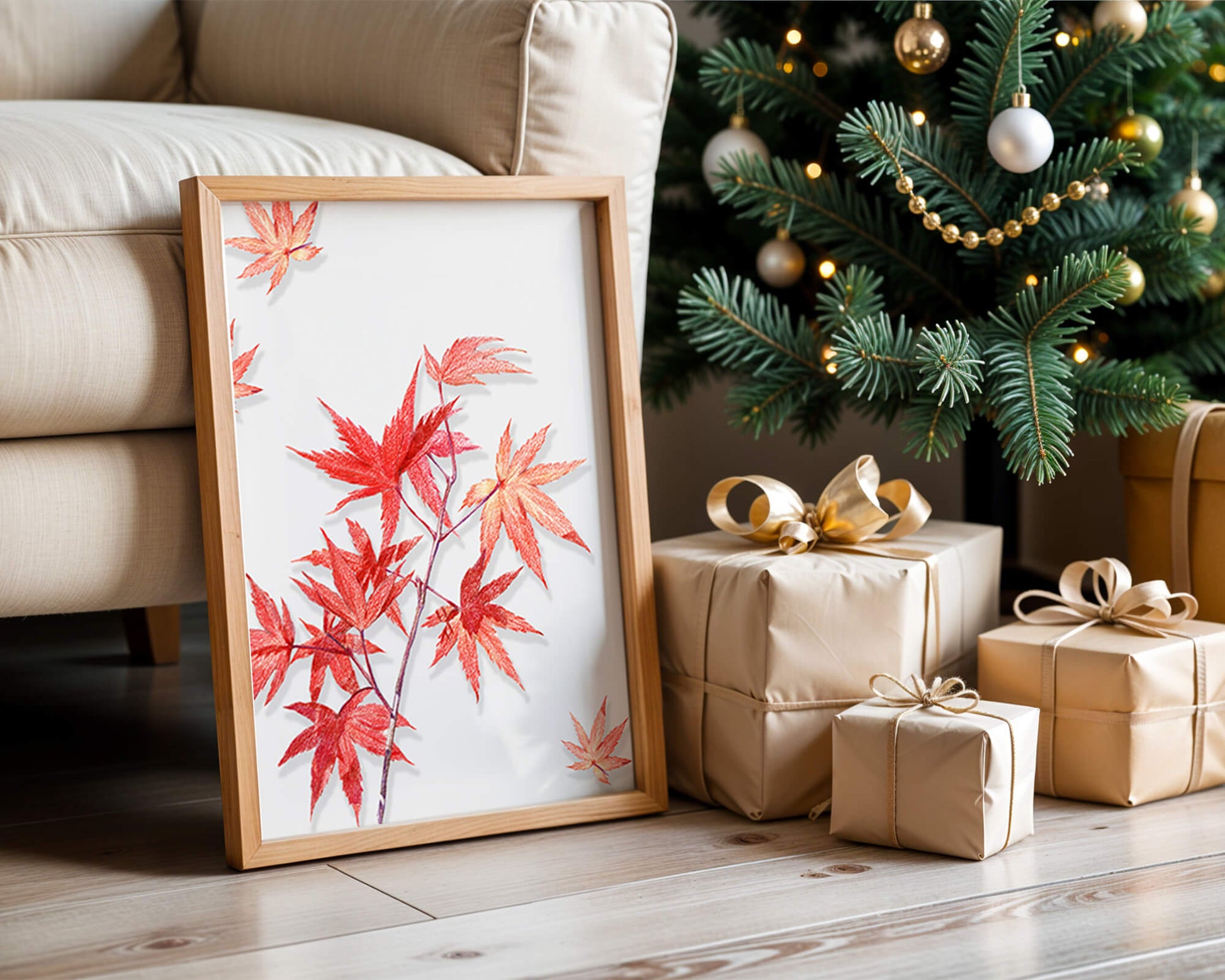 Delicate red maple leaves on white background