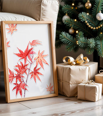 Delicate red maple leaves on white background
