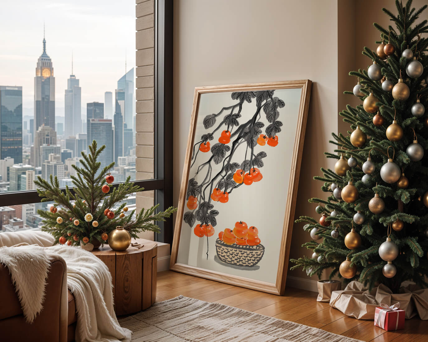 Artistic depiction of hanging persimmons with basket on watercolor canvas
