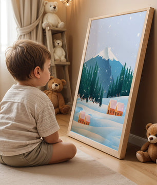 Winter Mountain Landscape with Snowy Cabins and Forest - Mi tienda