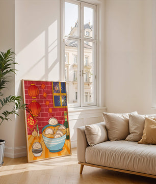 Festive Dumpling Illustration with Lanterns and Fireworks - Mi tienda
