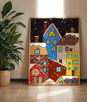 Farbenfrohe Winterstadtlandschaft mit schneebedeckten Häusern im Cartoon-Stil