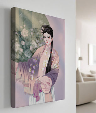 Elegant Asian Woman in Traditional Attire with Floral Background - Mi tienda
