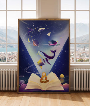 Imaginative galaxy scene with books and a child