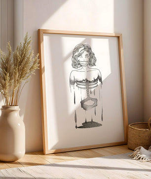 Surreal illustration of a woman with abstract ribcage and melting effect