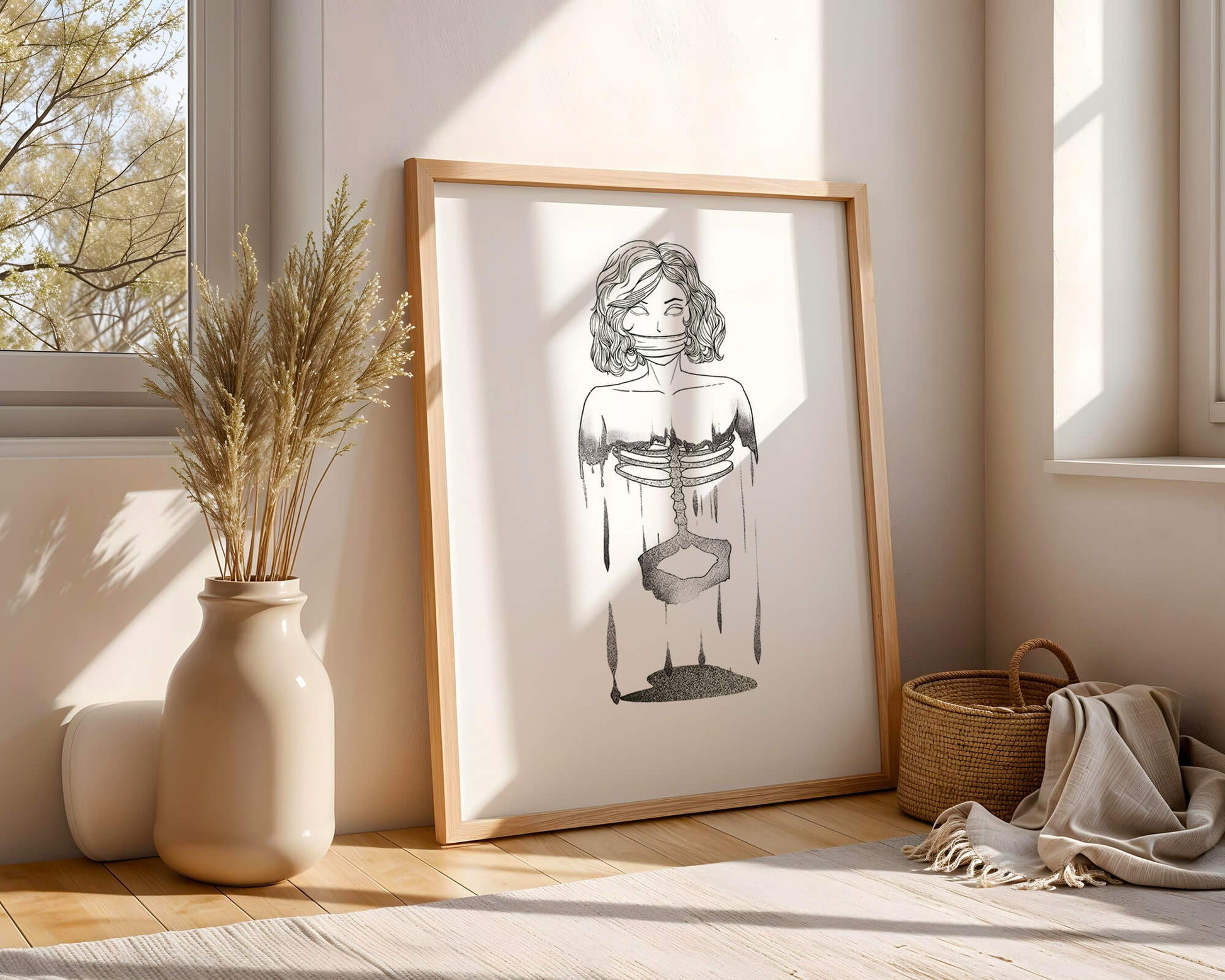Surreal illustration of a woman with abstract ribcage and melting effect