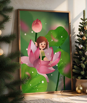 Charming fairy sitting on a blooming pink lotus in a magical garden
