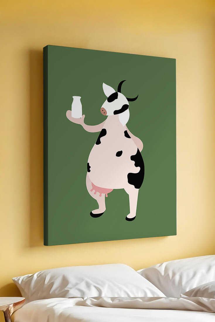 Illustration of anthropomorphic cow holding a milk bottle on green background