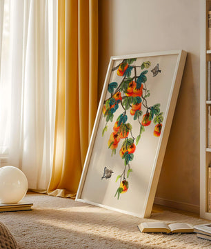 Branch with vibrant persimmons and birds illustration