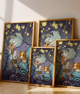 Whimsical Adventure in a Magical Night Sky Landscape