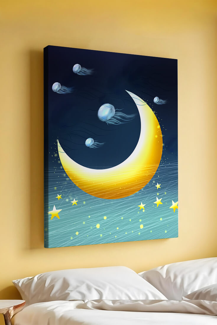 Night sky with golden crescent moon and jellyfish drifting