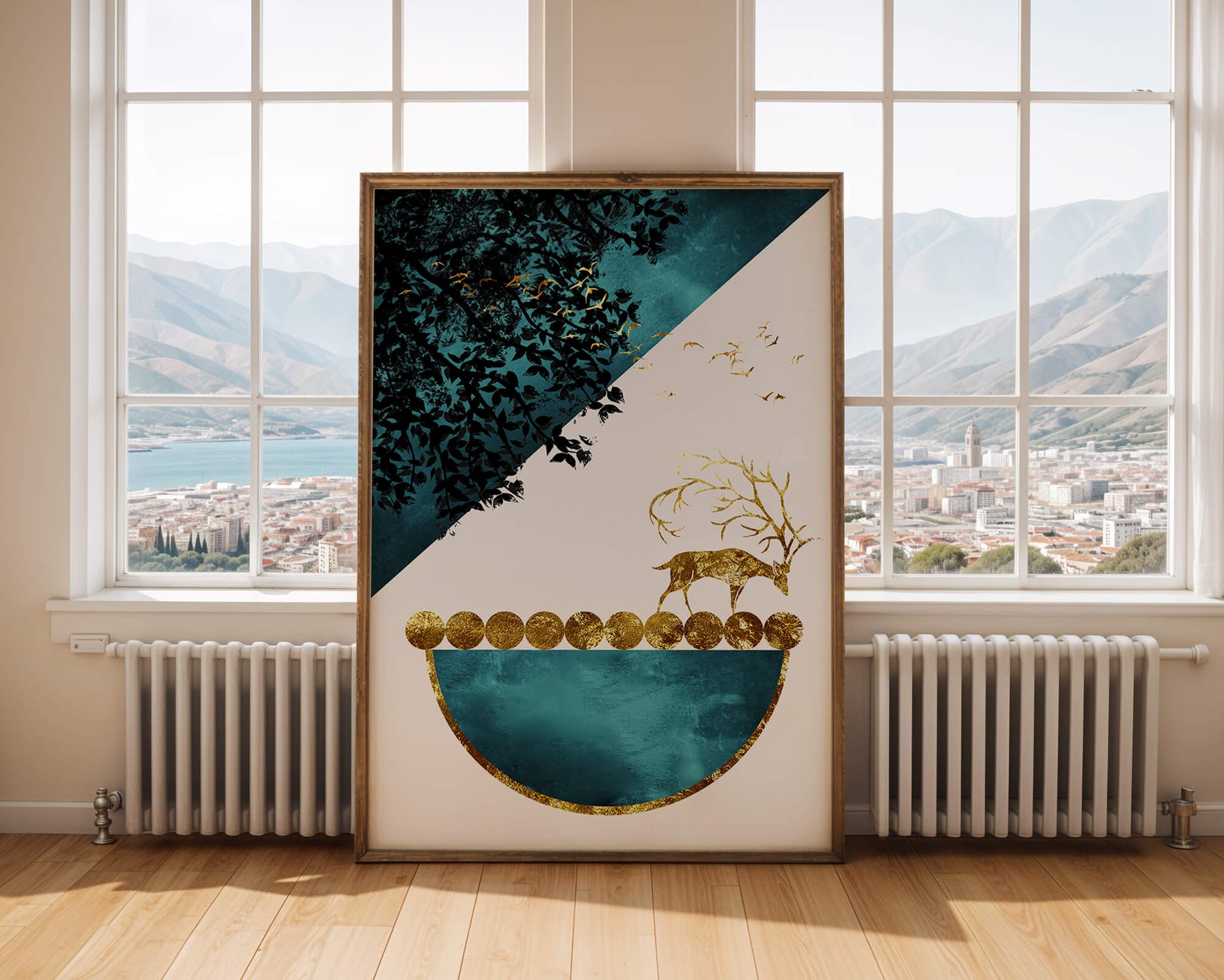 Abstract Deer with Golden Elements in a Mystical Forest Setting