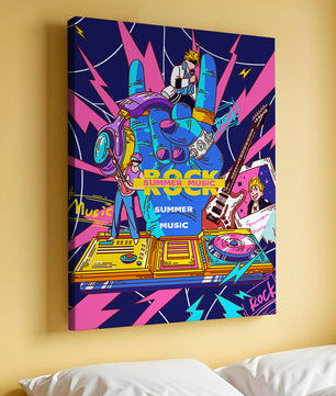 Ilustración temática vibrante de música rock con instrumentos y artistas