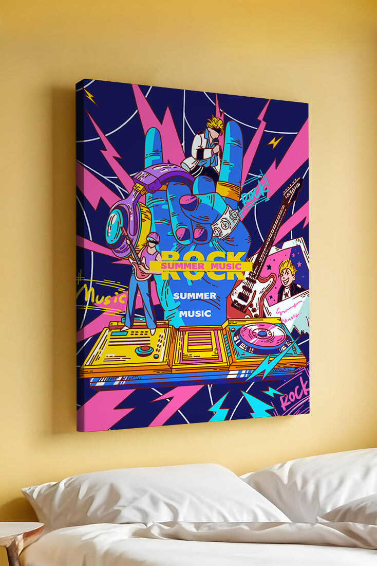 Ilustración temática vibrante de música rock con instrumentos y artistas