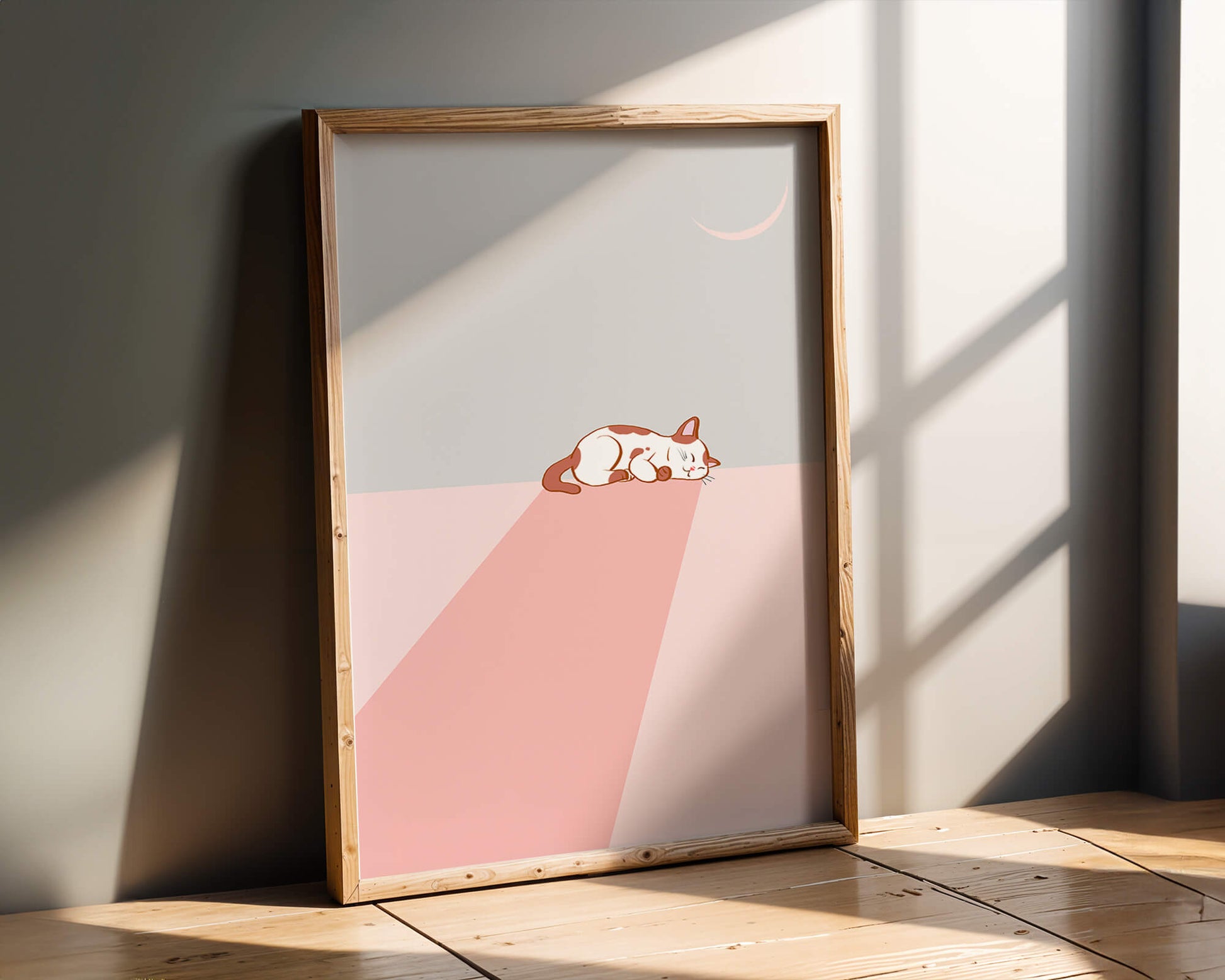 Sleeping Cat in Minimalistic Moonlit Scene