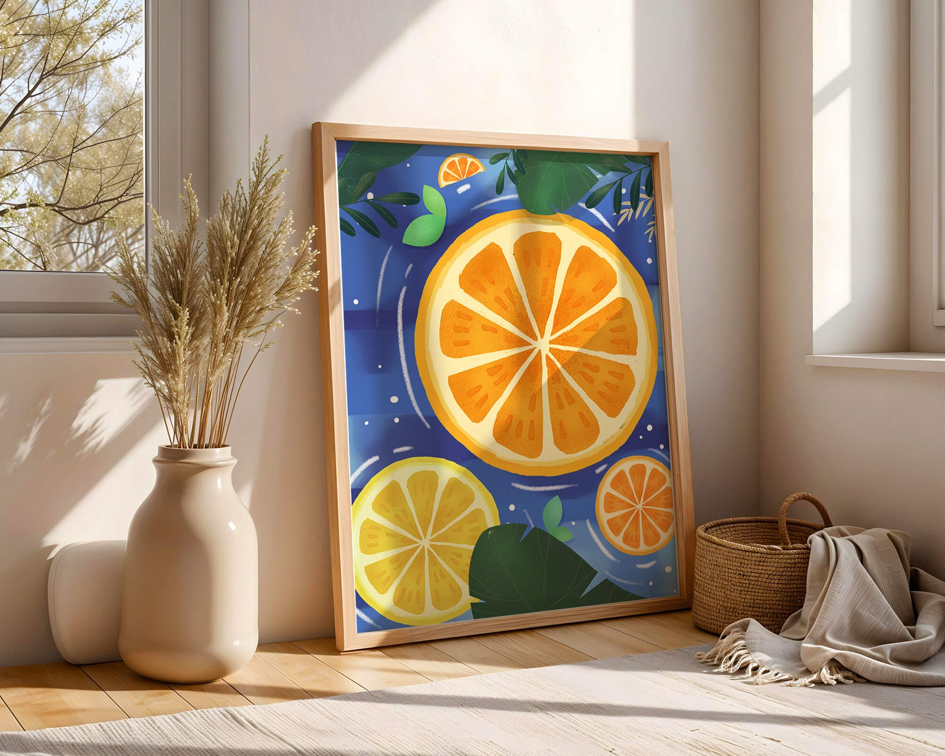 Rodajas de cítricos coloridas sobre fondo azul con hojas tropicales