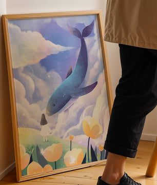 Paisaje surrealista con una ballena gigante y elementos caprichosos