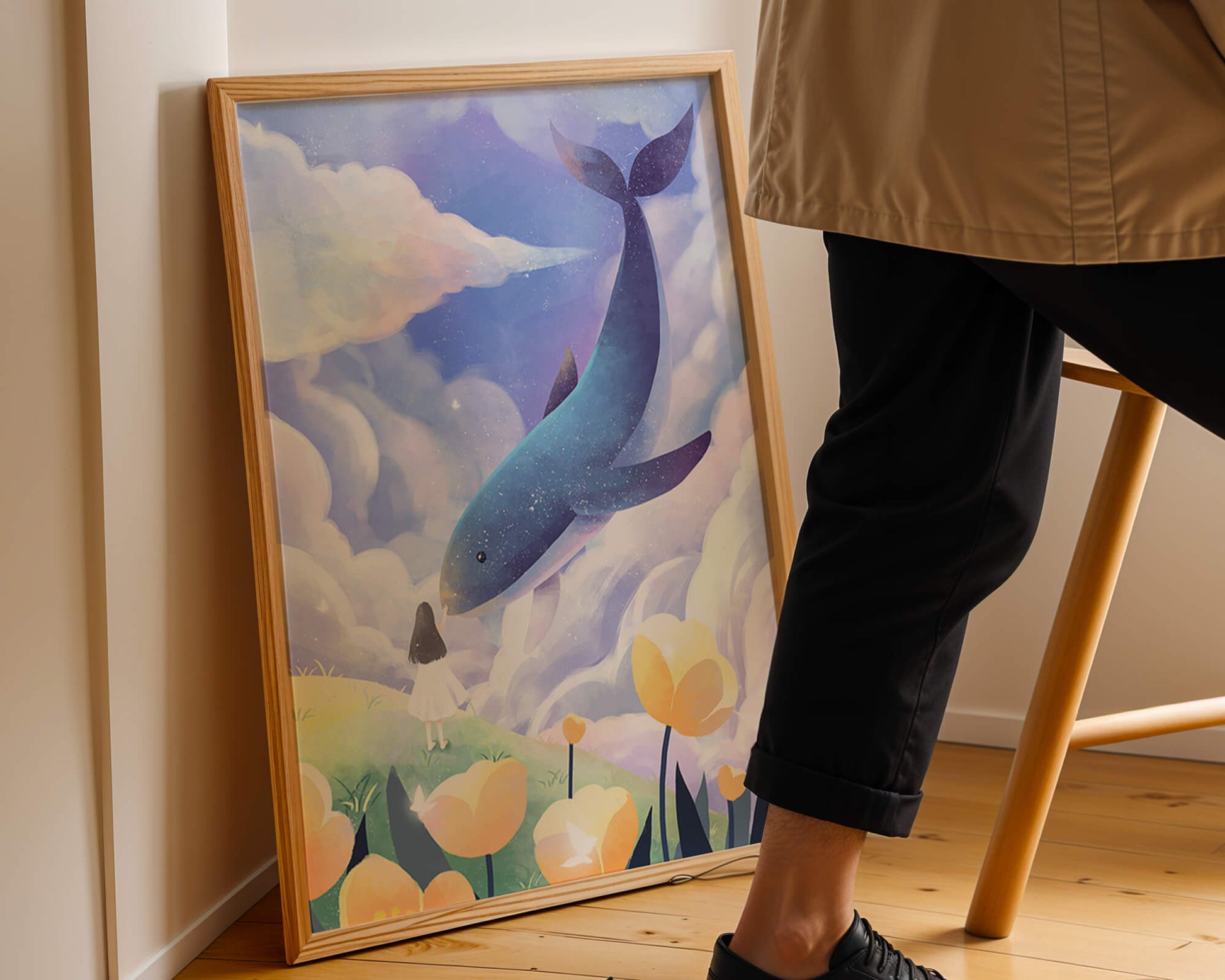Paisaje surrealista con una ballena gigante y elementos caprichosos