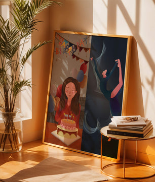 Geburtstagsfeier-Illustration mit Kuchen und Tanzfigur