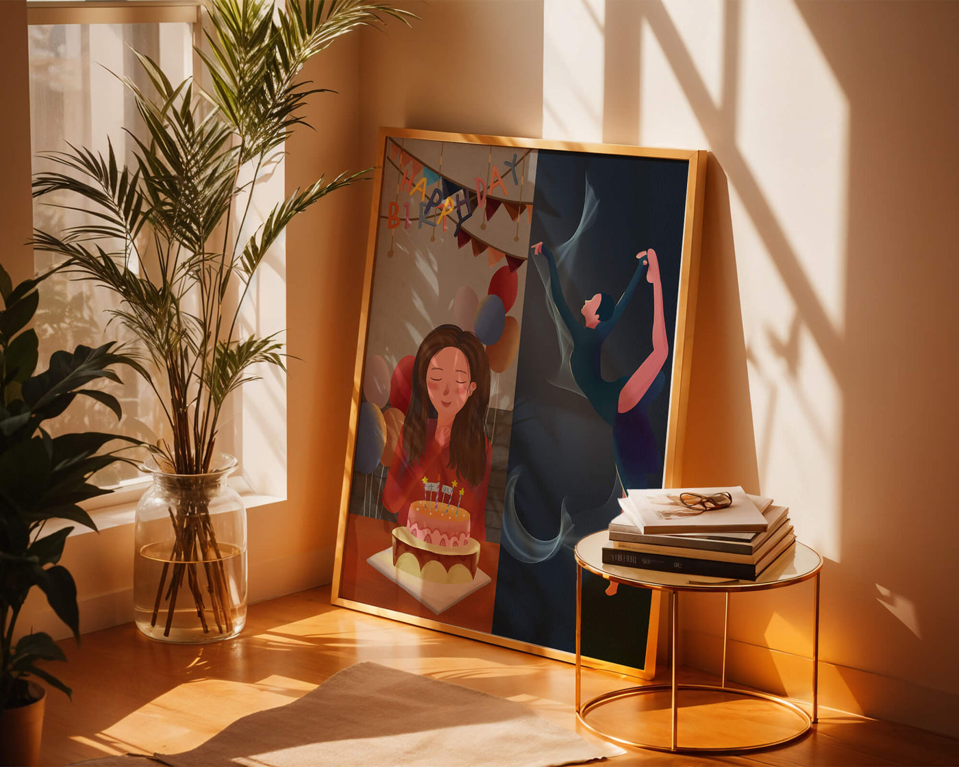 Birthday celebration illustration with cake and dancing figure