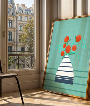 Vase with Red Flowers on a Textured Blue Background - Mi tienda