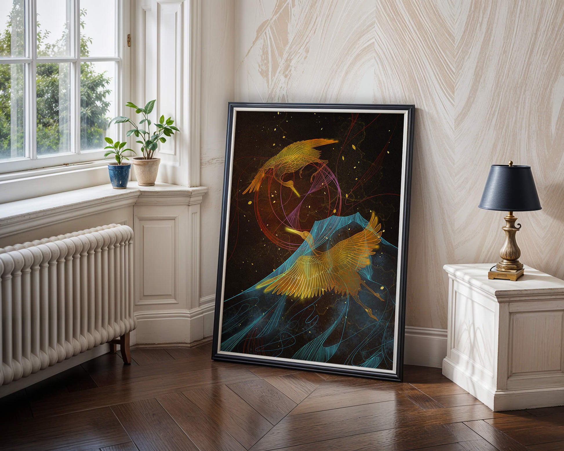 Elegant Cranes in Cosmic Dance with Golden and Blue Accents