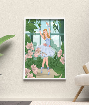 Elegant ballet dancer in a floral and botanical setting