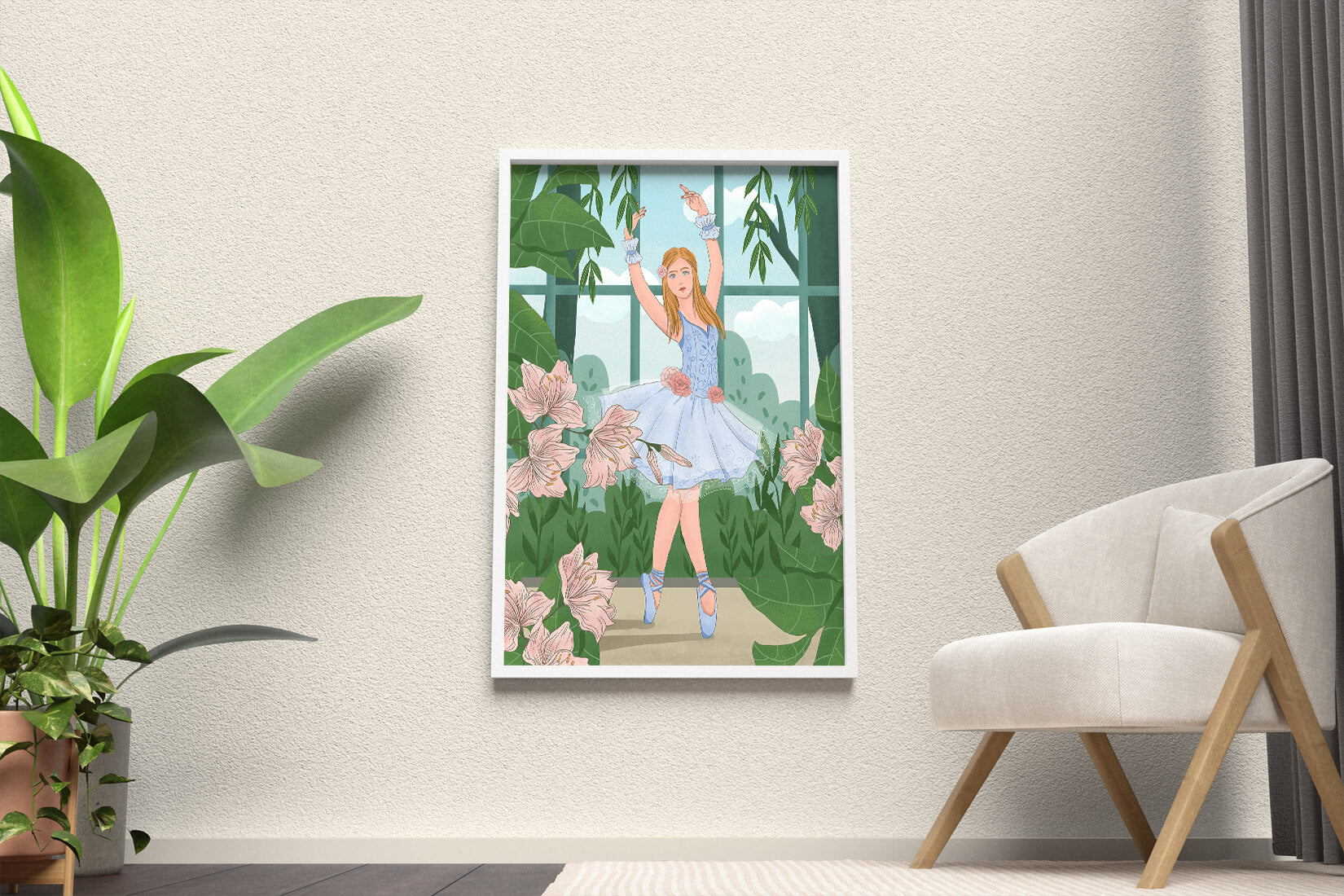 Elegant ballet dancer in a floral and botanical setting