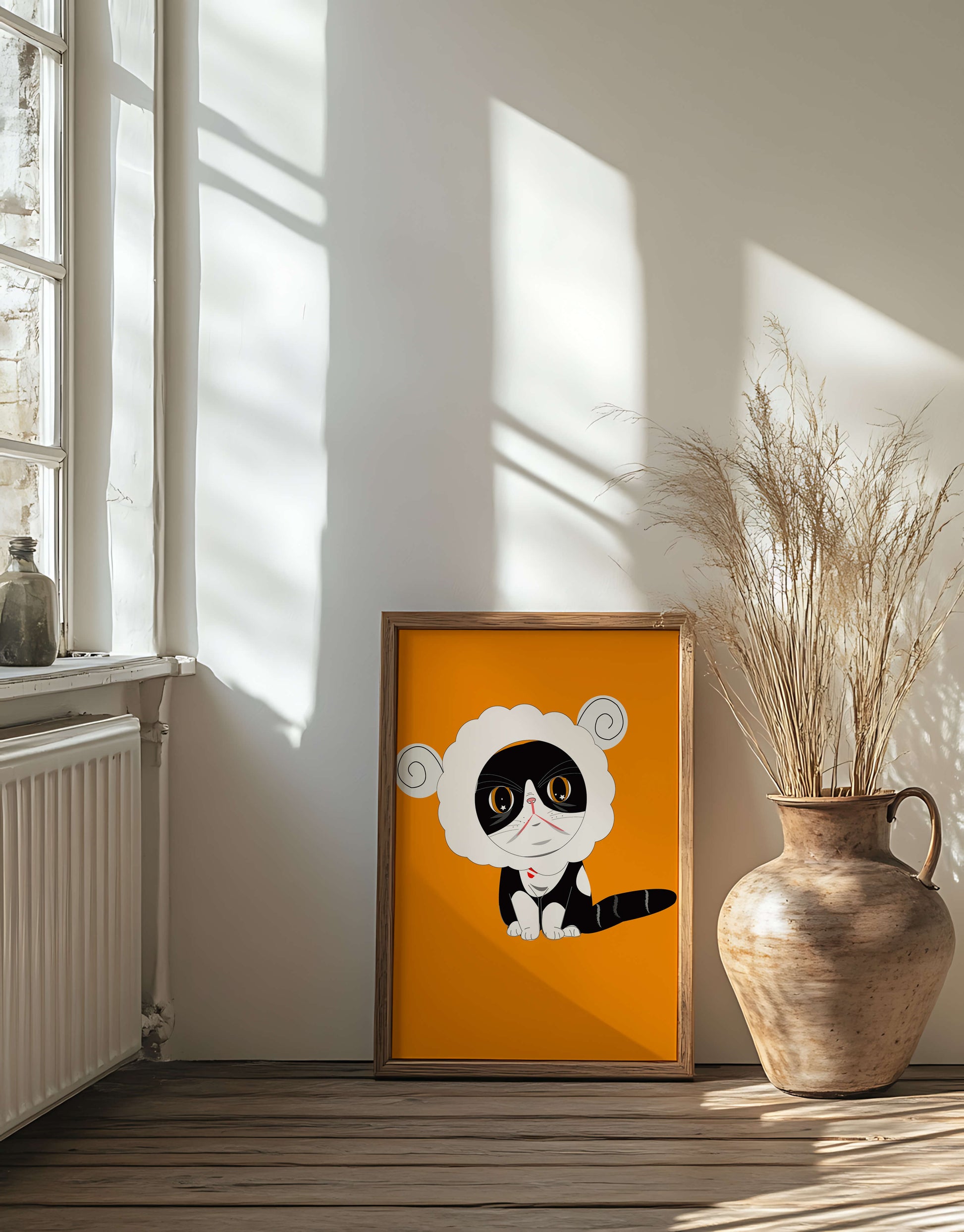 Ilustración de un gato disfrazado de oveja sobre un fondo naranja vibrante