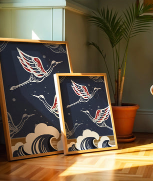 Illustrative cranes flying over ocean waves with dark background