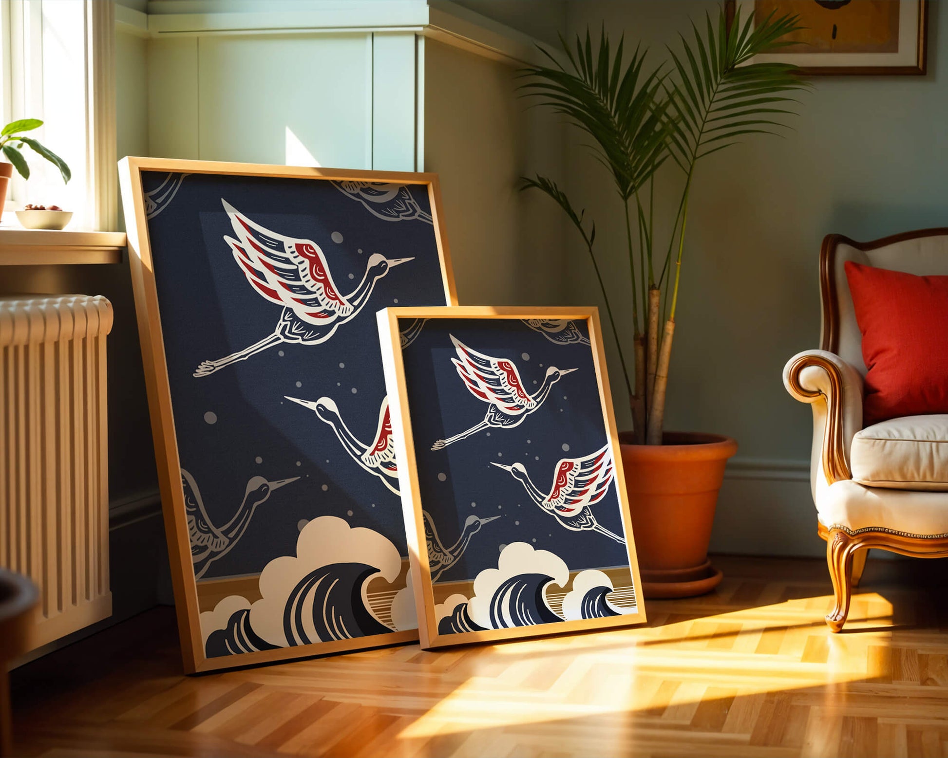 Illustrative cranes flying over ocean waves with dark background