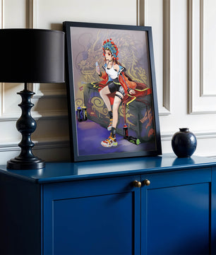 Anime art of a girl in traditional attire with urban elements