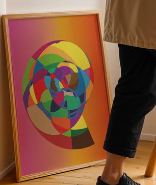 Vibrant abstract geometric shape with multicolored spiral on gradient background